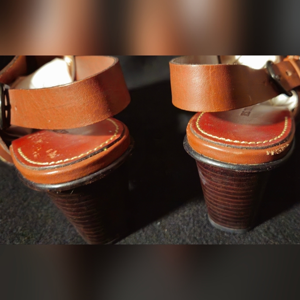 H.S. Trask Tahoe Brown Leather Peep-Toe Slingback Heel Sandals - Size 8.5W - Picture 3 of 10